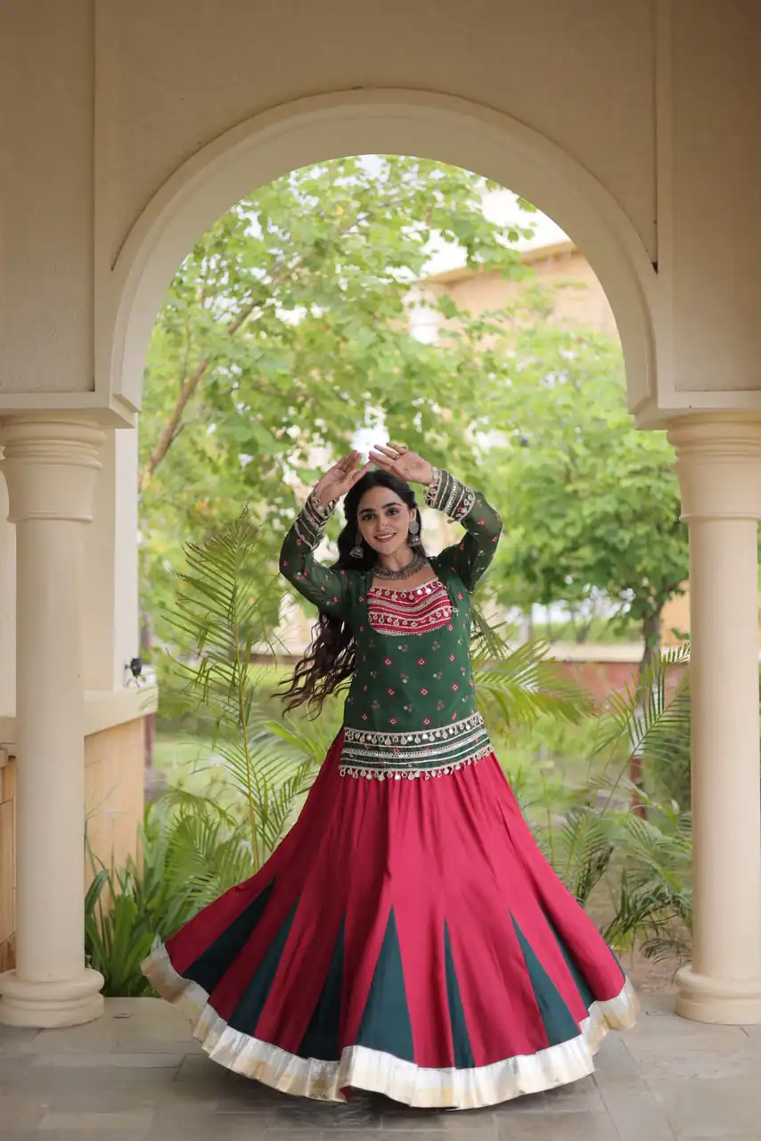Trendy Green Rayon Kutchi Work Lehenga Choli