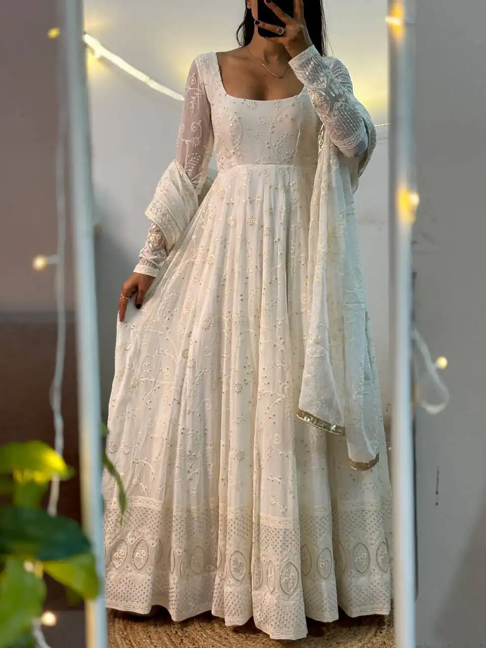 Trendy White Slim Georgette Sequins Work Anarkali Suit - Image 2