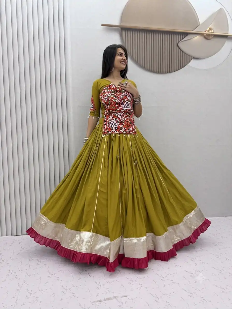 PC 595 Mustered in Pure Cotton Mirror Work & Gamthi Work Lehenga Choli . Exclusive Offer ₹3099. Delivery 4-6 Working Days. Shop now. | Lehenga, Bollywood Lehenga, Creative Lehenga, Designer Lehenga, Embroidered Lehenga, Party Wear Lehenga