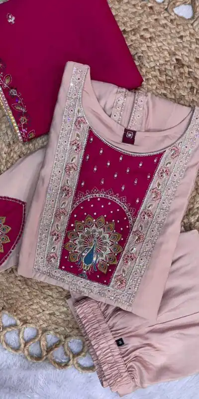 DIVA 150 Peach Roman Silk Salwar Suit with Sequins Work & Embroidery Work. Available at ₹2449 only. Delivery 4-6 Working Days. Shop now. | Jump Suits, Salwar suit, Casual Suits, Creative suits, Designer Suits, Palazzo Suits, Party Wear Suits, Patiala Suits, Straight Suits