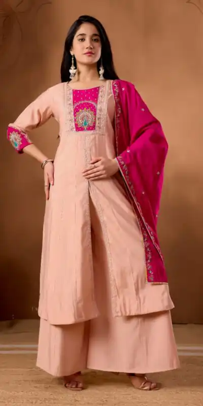 DIVA 150 Peach Roman Silk Salwar Suit with Sequins Work & Embroidery Work. Available at ₹2449 only. Delivery 4-6 Working Days. Shop now. | Jump Suits, Salwar suit, Casual Suits, Creative suits, Designer Suits, Palazzo Suits, Party Wear Suits, Patiala Suits, Straight Suits