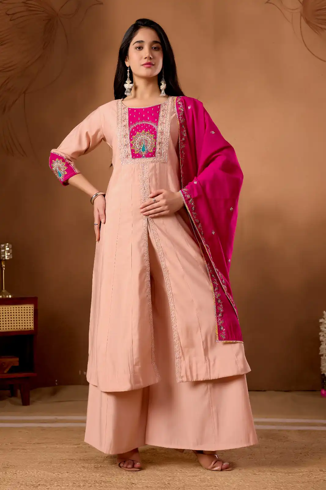 DIVA 150 Peach Roman Silk Salwar Suit with Sequins Work & Embroidery Work. Available at ₹2449 only. Delivery 4-6 Working Days. Shop now. | Jump Suits, Salwar suit, Casual Suits, Creative suits, Designer Suits, Palazzo Suits, Party Wear Suits, Patiala Suits, Straight Suits