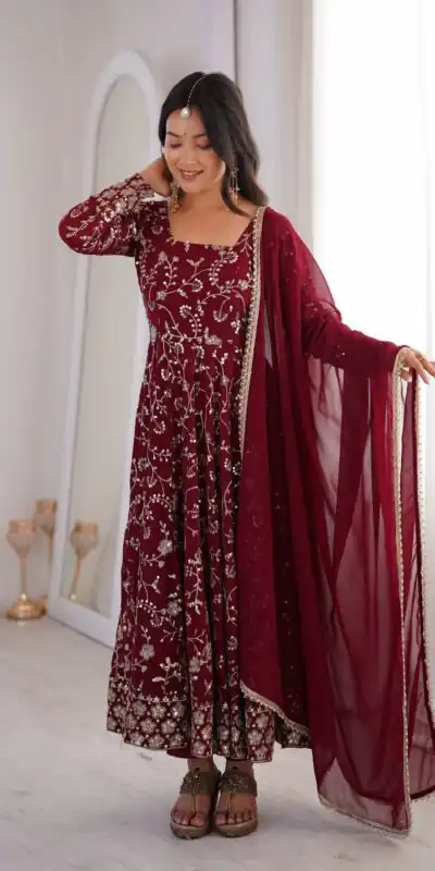 ZF 5024 Maroon Fox Perfect for Wedding, Party, Durga Puja, Diwali, Anniversary –Georgette Gown. Now at just ₹2399. Delivery 4-6 Working Days. Shop now. | Gowns, Bollywood Gowns, Creative Gowns, Designer Gowns, Embroidered Gowns, Party Wear Gowns