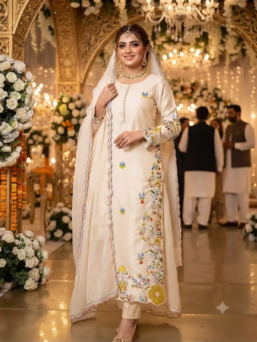LG 2132 Off Whiten Glass Roman Salwar Suit with Embroidery Work. Introductory Price ₹2349. Delivery 4-6 Working Days. Shop now. | Jump Suits, Salwar suit, Casual Suits, Creative suits, Designer Suits, Palazzo Suits, Party Wear Suits, Patiala Suits, Straight Suits