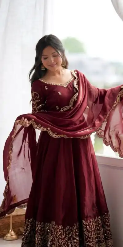 ZSR 3185 Maroon Fendy Silk Gown with Embroidery Work & Sequins Work. Special Price ₹2399. Delivery 4-6 Working Days. Shop now. | Gowns, Bollywood Gowns, Creative Gowns, Designer Gowns, Embroidered Gowns, Party Wear Gowns