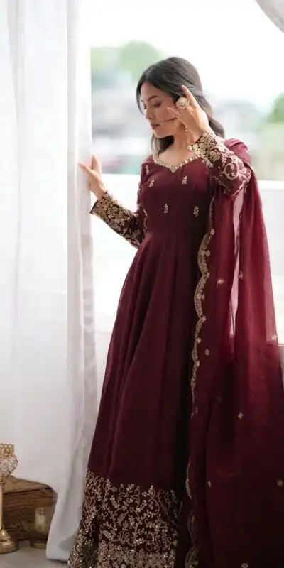 ZSR 3185 Maroon Fendy Silk Gown with Embroidery Work & Sequins Work. Special Price ₹2399. Delivery 4-6 Working Days. Shop now. | Gowns, Bollywood Gowns, Creative Gowns, Designer Gowns, Embroidered Gowns, Party Wear Gowns