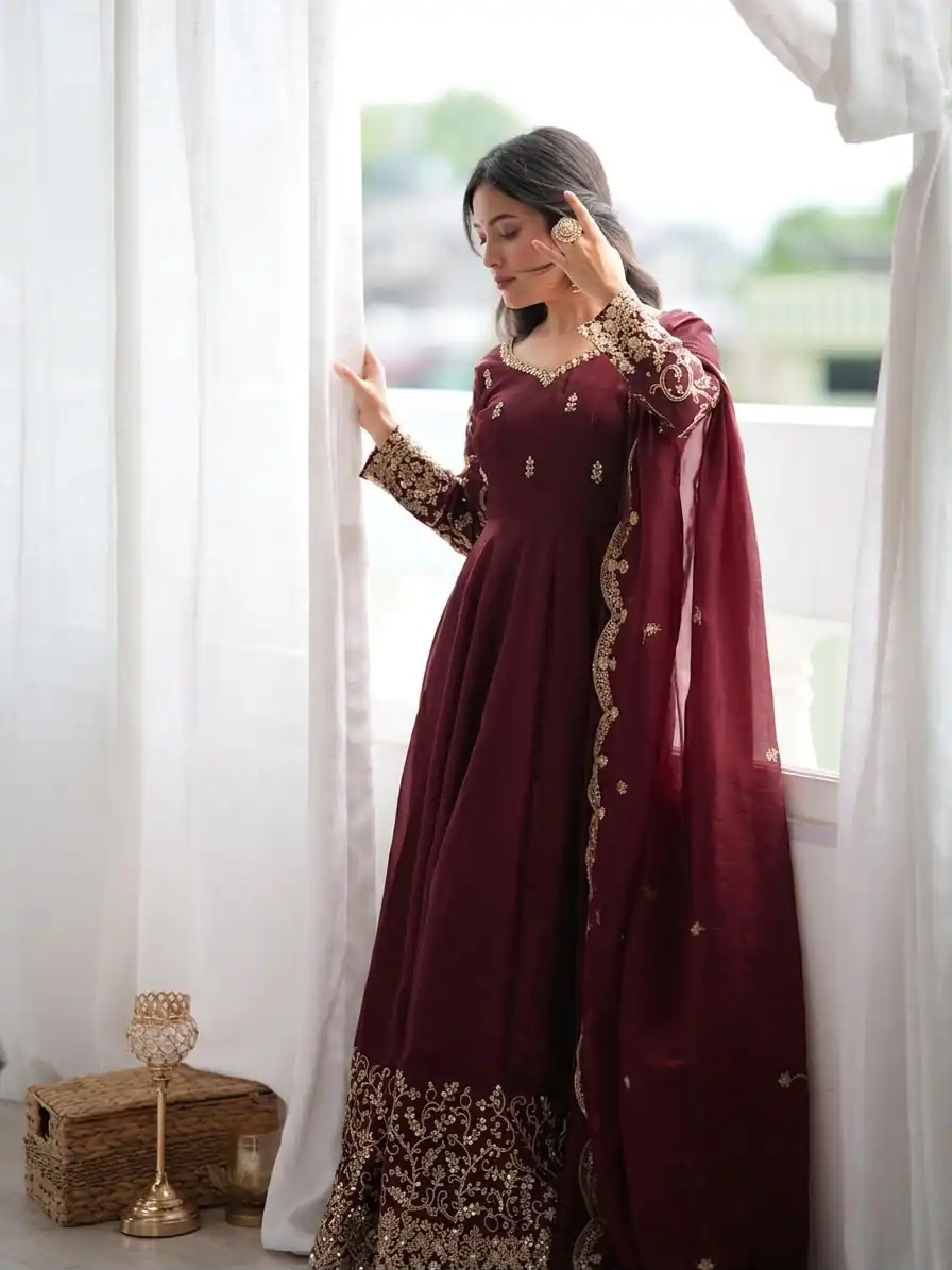 ZSR 3185 Maroon Fendy Silk Gown with Embroidery Work & Sequins Work. Special Price ₹2399. Delivery 4-6 Working Days. Shop now. | Gowns, Bollywood Gowns, Creative Gowns, Designer Gowns, Embroidered Gowns, Party Wear Gowns