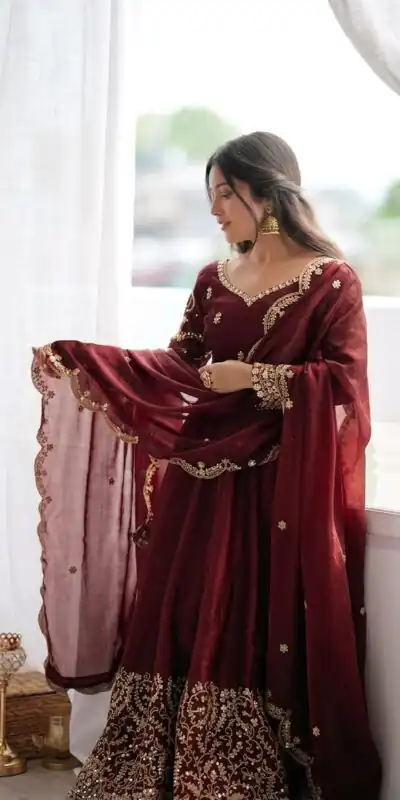 ZSR 3185 Maroon Fendy Silk Gown with Embroidery Work & Sequins Work. Special Price ₹2399. Delivery 4-6 Working Days. Shop now. | Gowns, Bollywood Gowns, Creative Gowns, Designer Gowns, Embroidered Gowns, Party Wear Gowns