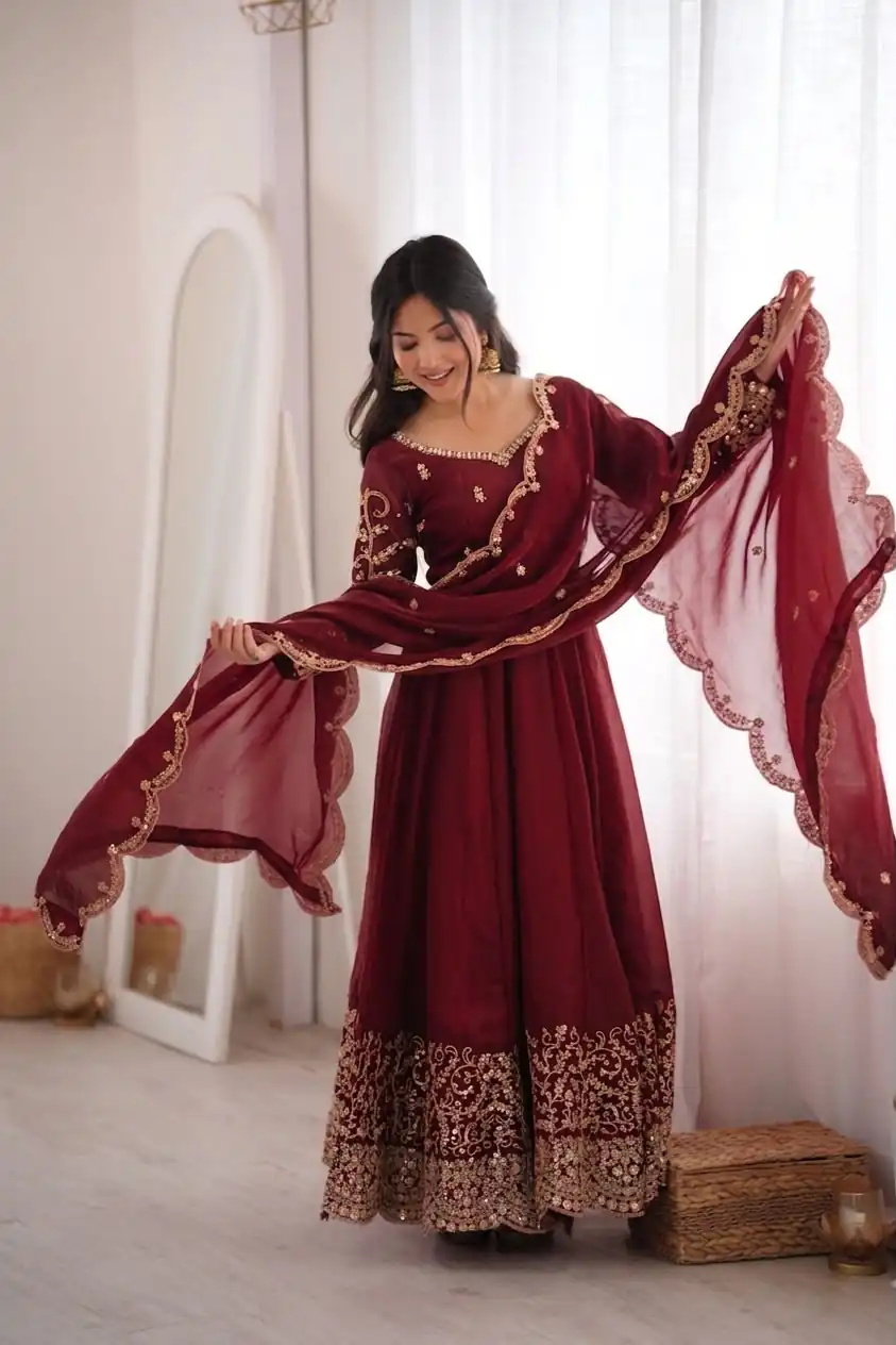 ZSR 3185 Maroon Fendy Silk Gown with Embroidery Work & Sequins Work. Special Price ₹2399. Delivery 4-6 Working Days. Shop now. | Gowns, Bollywood Gowns, Creative Gowns, Designer Gowns, Embroidered Gowns, Party Wear Gowns