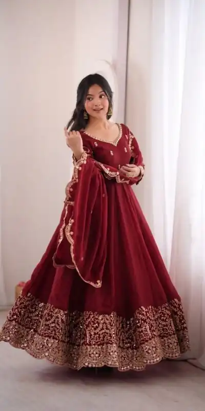 ZSR 3185 Maroon Fendy Silk Gown with Embroidery Work & Sequins Work. Special Price ₹2399. Delivery 4-6 Working Days. Shop now. | Gowns, Bollywood Gowns, Creative Gowns, Designer Gowns, Embroidered Gowns, Party Wear Gowns