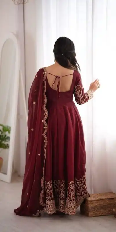 ZSR 3185 Maroon Fendy Silk Gown with Embroidery Work & Sequins Work. Special Price ₹2399. Delivery 4-6 Working Days. Shop now. | Gowns, Bollywood Gowns, Creative Gowns, Designer Gowns, Embroidered Gowns, Party Wear Gowns