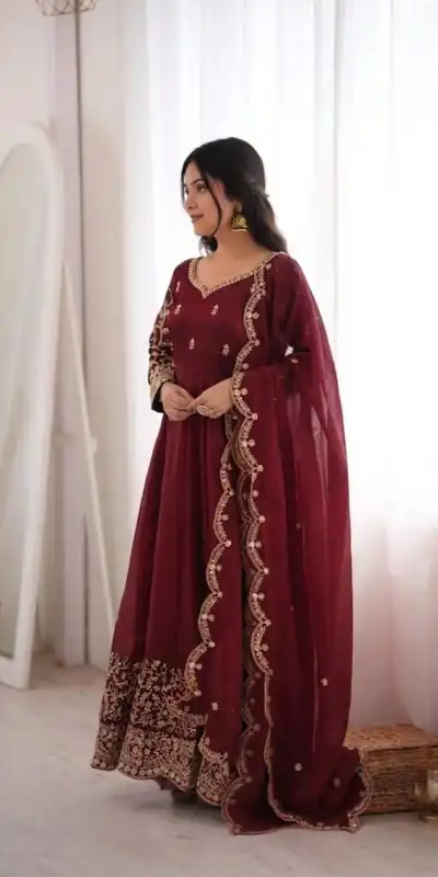 ZSR 3185 Maroon Fendy Silk Gown with Embroidery Work & Sequins Work. Special Price ₹2399. Delivery 4-6 Working Days. Shop now. | Gowns, Bollywood Gowns, Creative Gowns, Designer Gowns, Embroidered Gowns, Party Wear Gowns