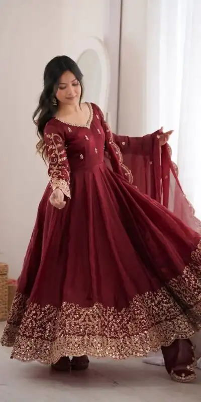 ZSR 3185 Maroon Fendy Silk Gown with Embroidery Work & Sequins Work. Special Price ₹2399. Delivery 4-6 Working Days. Shop now. | Gowns, Bollywood Gowns, Creative Gowns, Designer Gowns, Embroidered Gowns, Party Wear Gowns