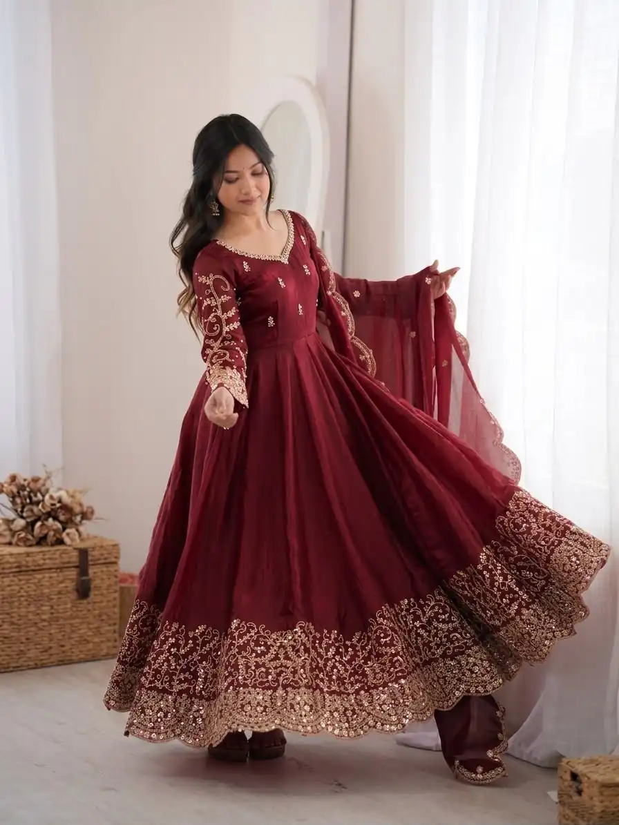 ZSR 3185 Maroon Fendy Silk Gown with Embroidery Work & Sequins Work. Special Price ₹2399. Delivery 4-6 Working Days. Shop now. | Gowns, Bollywood Gowns, Creative Gowns, Designer Gowns, Embroidered Gowns, Party Wear Gowns