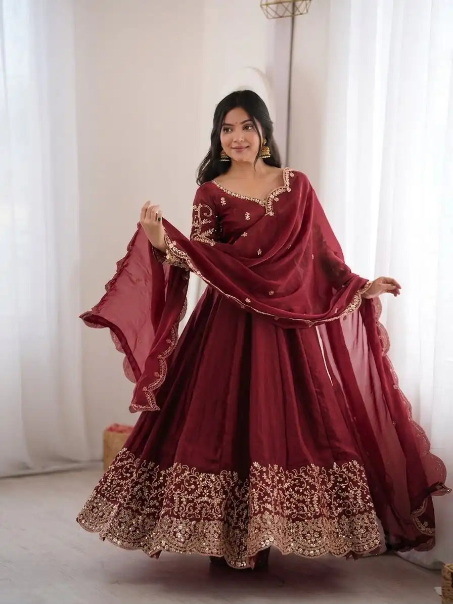 ZSR 3185 Maroon Fendy Silk Gown with Embroidery Work & Sequins Work. Special Price ₹2399. Delivery 4-6 Working Days. Shop now. | Gowns, Bollywood Gowns, Creative Gowns, Designer Gowns, Embroidered Gowns, Party Wear Gowns