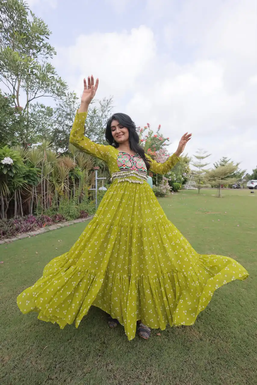KA 1268 Mehendi in Colour Faux Georgette Bandhani Print Work Gown. Available at ₹2119 only. Delivery 4-6 Working Days. Shop now. | Gowns, Bollywood Gowns, Creative Gowns, Designer Gowns, Embroidered Gowns, Party Wear Gowns