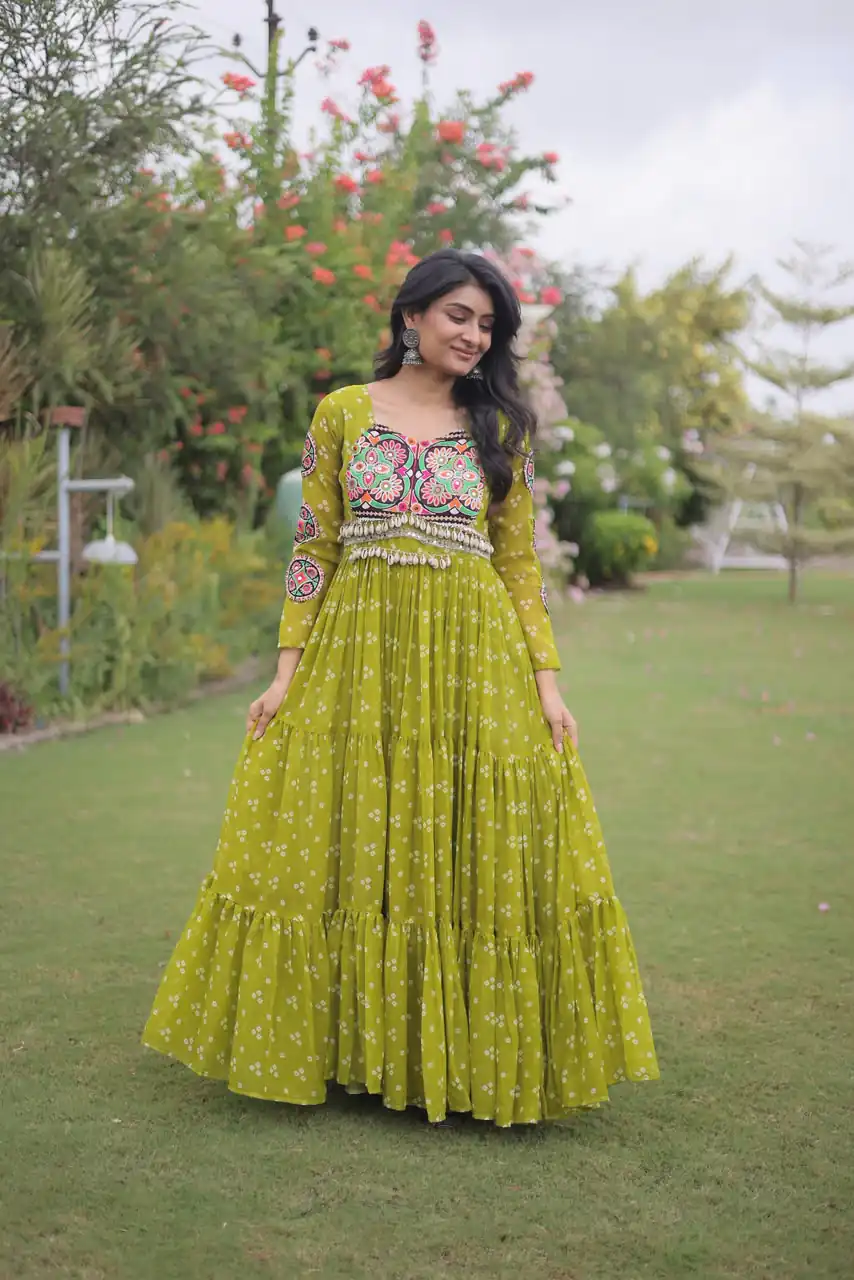 KA 1268 Mehendi in Colour Faux Georgette Bandhani Print Work Gown. Available at ₹2119 only. Delivery 4-6 Working Days. Shop now. | Gowns, Bollywood Gowns, Creative Gowns, Designer Gowns, Embroidered Gowns, Party Wear Gowns