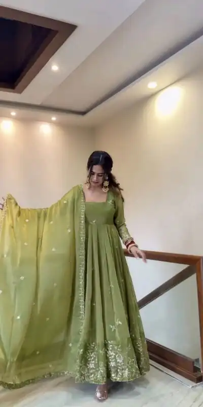 NSR 907 Mehendi Fendy Silk Gown with Embroidery Work & Sequins Work. Special Price ₹2399. Delivery 4-6 Working Days. Shop now. | Gowns, Bollywood Gowns, Creative Gowns, Designer Gowns, Embroidered Gowns, Party Wear Gowns