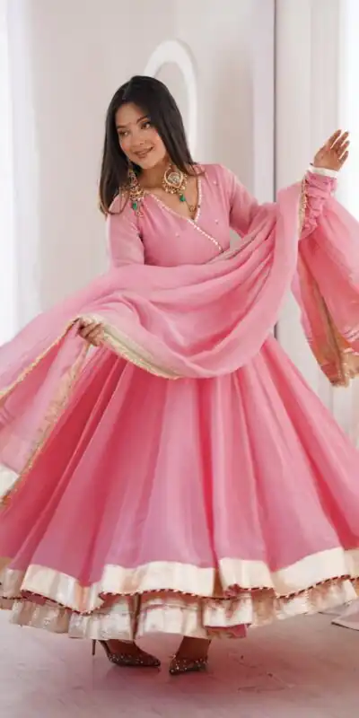 RTC 6048 Pink Tabby Organza Silk Gown with Hand Work & Mirror Work. Special Price ₹2549. Delivery 4-6 Working Days. Shop now. | Gowns, Bollywood Gowns, Creative Gowns, Designer Gowns, Embroidered Gowns, Party Wear Gowns