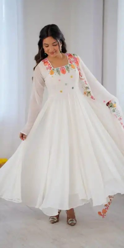 NSR 901 White Faux Georgette Salwar Suit with Lace Work & Embroidery Work. Introductory Price ₹2099. Delivery 4-6 Working Days. Shop now. | Jump Suits, Salwar suit, Casual Suits, Creative suits, Designer Suits, Palazzo Suits, Party Wear Suits, Patiala Suits, Straight Suits