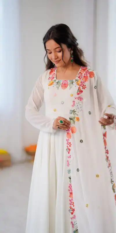 NSR 901 White Faux Georgette Salwar Suit with Lace Work & Embroidery Work. Introductory Price ₹2099. Delivery 4-6 Working Days. Shop now. | Jump Suits, Salwar suit, Casual Suits, Creative suits, Designer Suits, Palazzo Suits, Party Wear Suits, Patiala Suits, Straight Suits