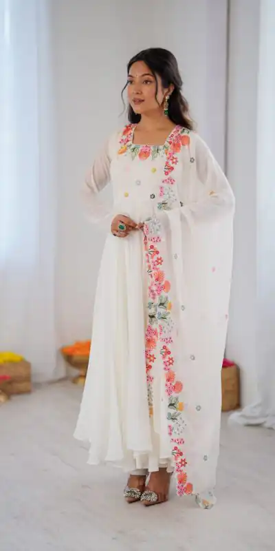 NSR 901 White Faux Georgette Salwar Suit with Lace Work & Embroidery Work. Introductory Price ₹2099. Delivery 4-6 Working Days. Shop now. | Jump Suits, Salwar suit, Casual Suits, Creative suits, Designer Suits, Palazzo Suits, Party Wear Suits, Patiala Suits, Straight Suits