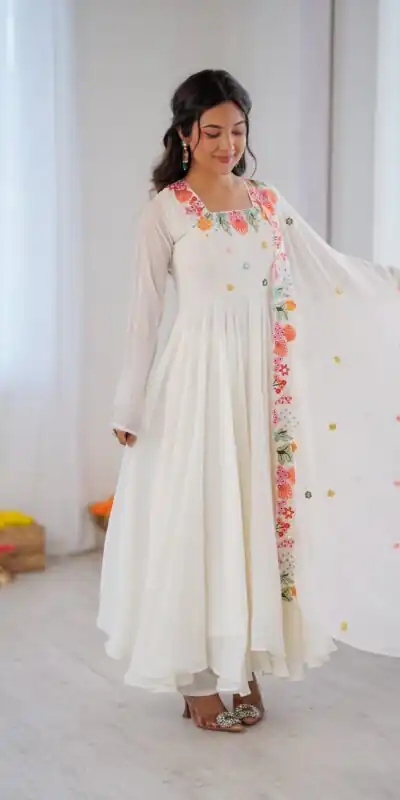 NSR 901 White Faux Georgette Salwar Suit with Lace Work & Embroidery Work. Introductory Price ₹2099. Delivery 4-6 Working Days. Shop now. | Jump Suits, Salwar suit, Casual Suits, Creative suits, Designer Suits, Palazzo Suits, Party Wear Suits, Patiala Suits, Straight Suits