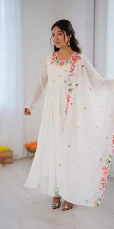 NSR 901 White Faux Georgette Salwar Suit with Lace Work & Embroidery Work. Introductory Price ₹2099. Delivery 4-6 Working Days. Shop now. | Jump Suits, Salwar suit, Casual Suits, Creative suits, Designer Suits, Palazzo Suits, Party Wear Suits, Patiala Suits, Straight Suits