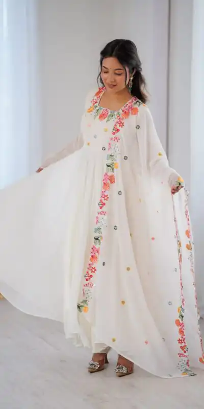 NSR 901 White Faux Georgette Salwar Suit with Lace Work & Embroidery Work. Introductory Price ₹2099. Delivery 4-6 Working Days. Shop now. | Jump Suits, Salwar suit, Casual Suits, Creative suits, Designer Suits, Palazzo Suits, Party Wear Suits, Patiala Suits, Straight Suits