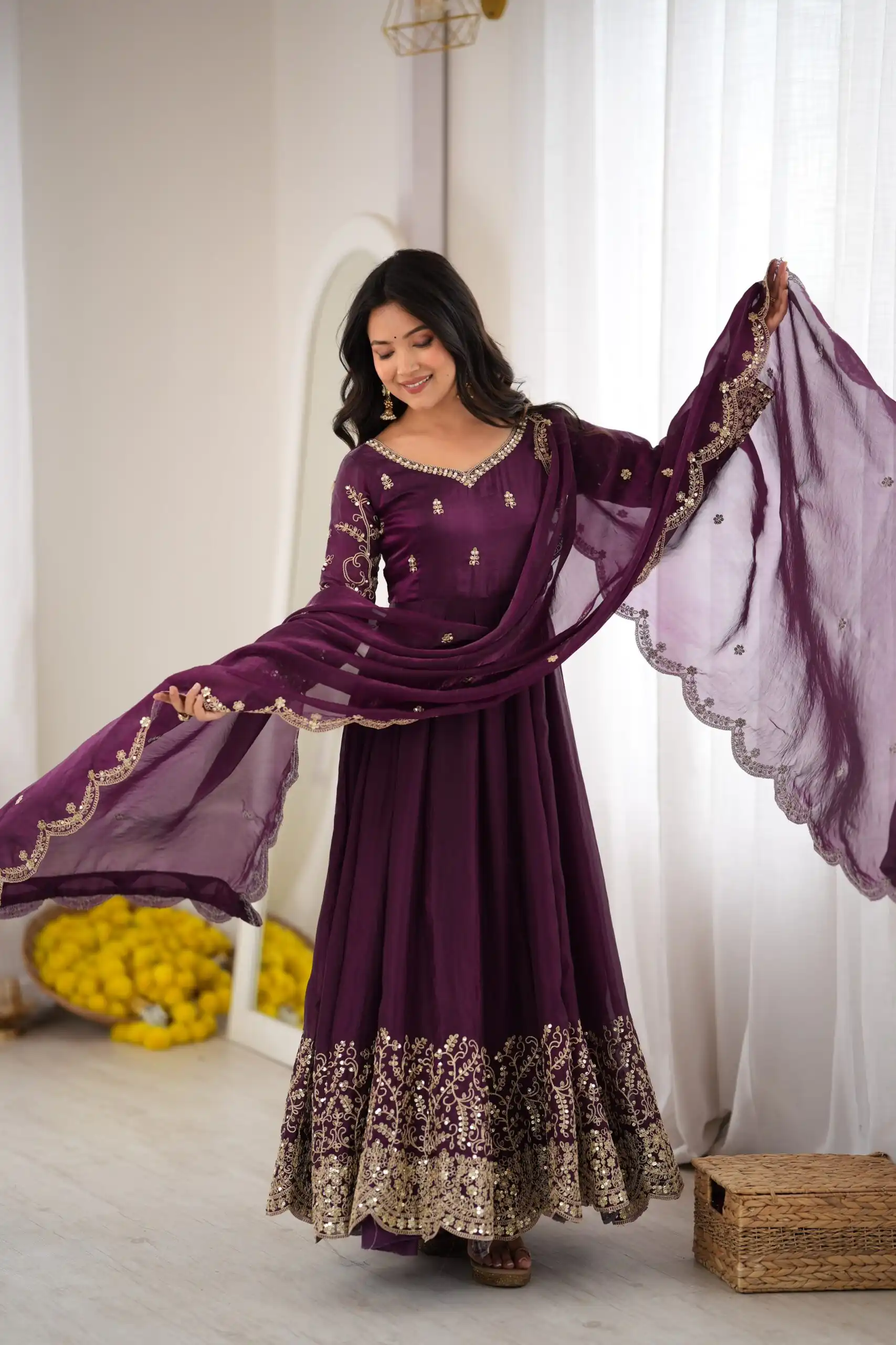 ZSR 3185 Wine Fendy Silk Gown with Embroidery Work & Sequins Work. Special Price ₹2399. Delivery 4-6 Working Days. Shop now. | Gowns, Bollywood Gowns, Creative Gowns, Designer Gowns, Embroidered Gowns, Party Wear Gowns