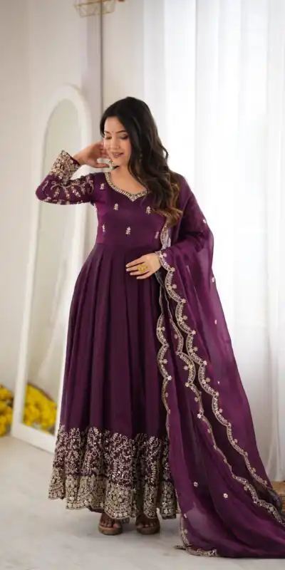 ZSR 3185 Wine Fendy Silk Gown with Embroidery Work & Sequins Work. Special Price ₹2399. Delivery 4-6 Working Days. Shop now. | Gowns, Bollywood Gowns, Creative Gowns, Designer Gowns, Embroidered Gowns, Party Wear Gowns
