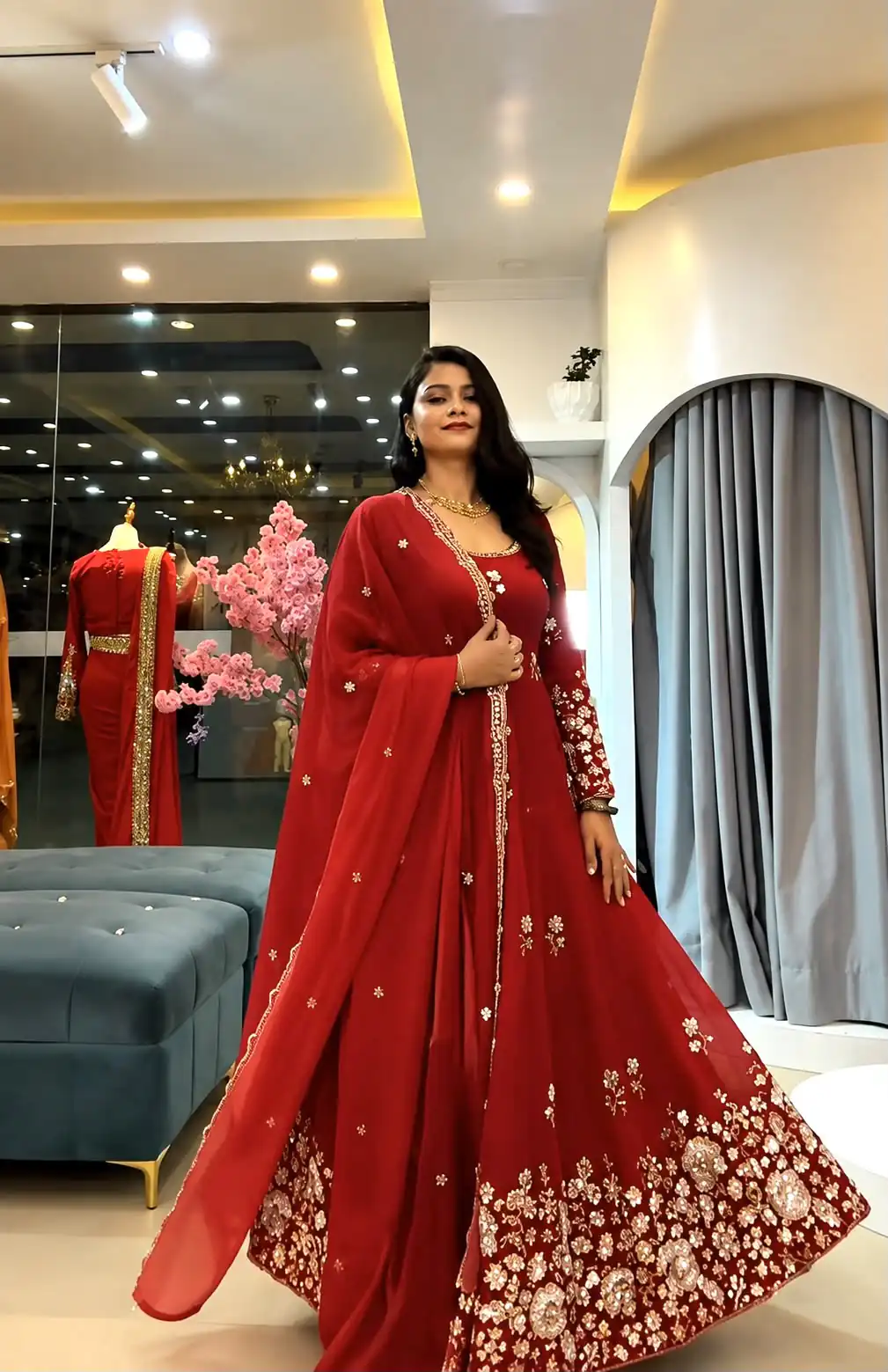 SSR 548 Red Fendy Silk Gown with Sequins Work & Thread Embroidery. Now at just ₹2399. Delivery 4-6 Working Days. Shop now. | Gowns, Bollywood Gowns, Creative Gowns, Designer Gowns, Embroidered Gowns, Party Wear Gowns