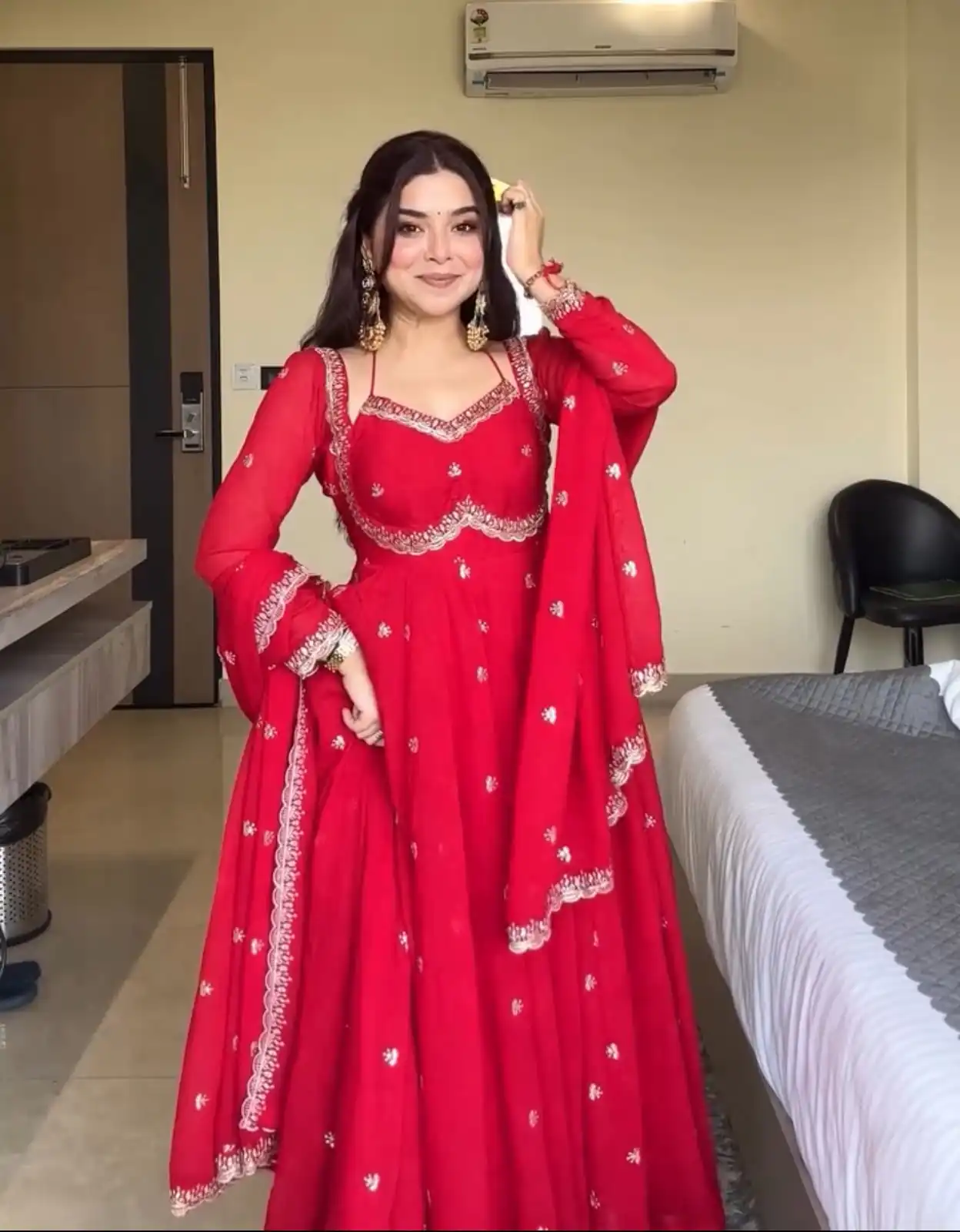 NSR 874 Red Georgette Thread With Sequence Gown Perfect for Wedding, Party, Reception, Holi, Eid . Available at ₹1799 only. Delivery 4-6 Working Days. | Gowns, Bollywood Gowns, Creative Gowns, Designer Gowns, Embroidered Gowns, Party Wear Gowns