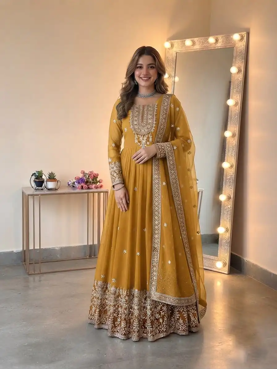 SSR 546 Yellow in Georgette Embroidery Work & Sequins Work Gown . Get it for ₹2149. Delivery 4-6 Working Days. Online Shop now. | Gowns, Bollywood Gowns, Creative Gowns, Designer Gowns, Embroidered Gowns, Party Wear Gowns