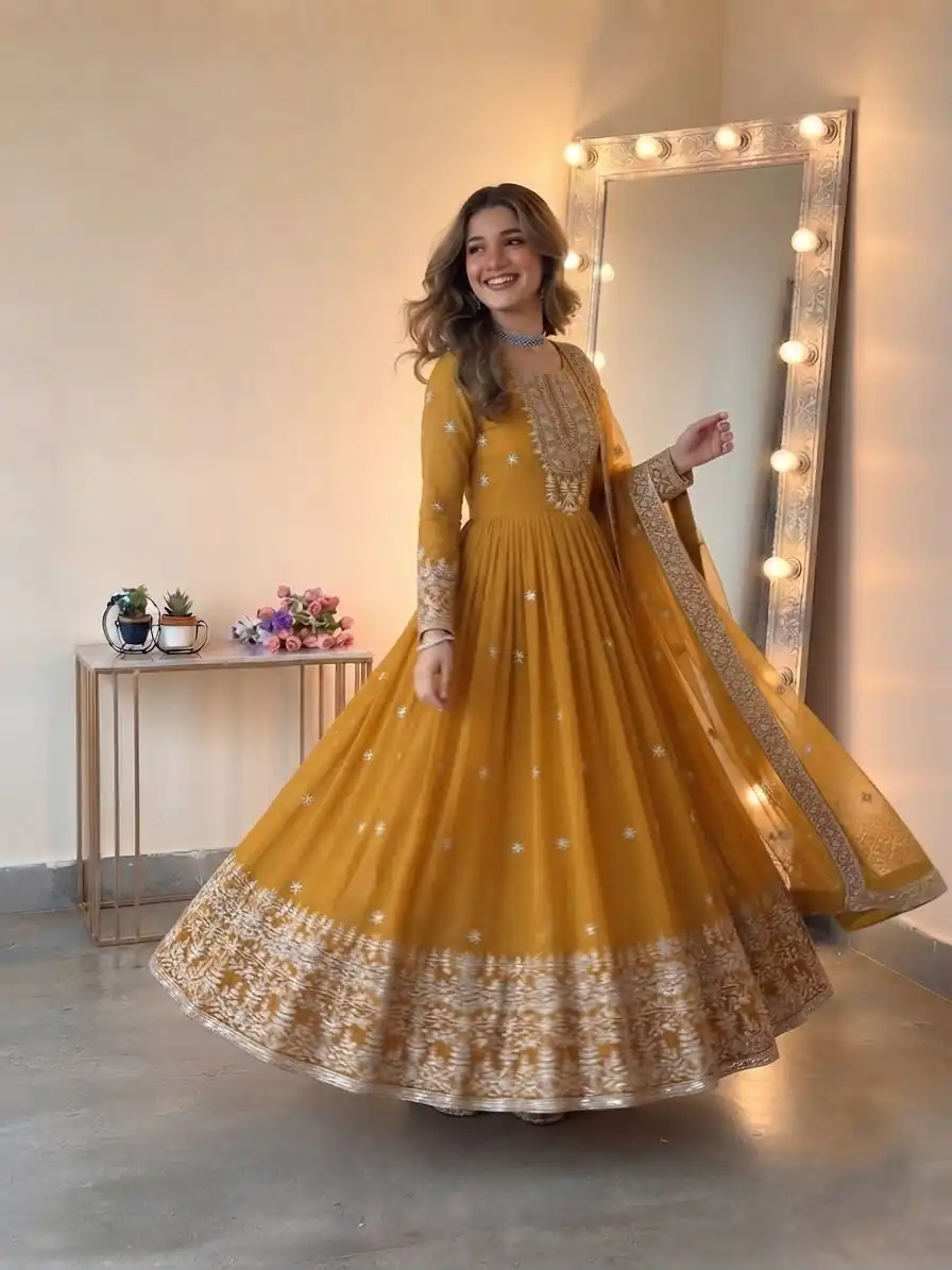 SSR 546 Yellow in Georgette Embroidery Work & Sequins Work Gown . Get it for ₹2149. Delivery 4-6 Working Days. Online Shop now. | Gowns, Bollywood Gowns, Creative Gowns, Designer Gowns, Embroidered Gowns, Party Wear Gowns
