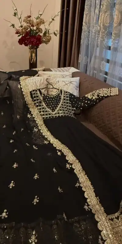 JF 049 Black Georgette Gown with Embroidery Work & Sequins Work. Exclusive Offer ₹2149. Delivery 4-6 Working Days. Shop now. | Gowns, Bollywood Gowns, Creative Gowns, Designer Gowns, Embroidered Gowns, Party Wear Gowns