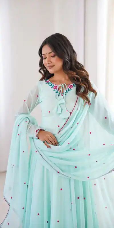 SP 82 Sky Blue in Heavy Faux Georgette Embroidery Work Salwar Suit . Introductory Price ₹1999. Delivery 4-6 Working Days. Shop now. | Anarkali Suits, Bollywood Anarkali, Creative-Anarkali, Designer Anarkali, Embroidered Anarkali, Party Wear Anarkali