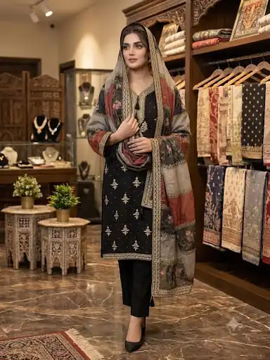 Graceful Black Mul Chanderi Silk Thread Work Salwar Suit