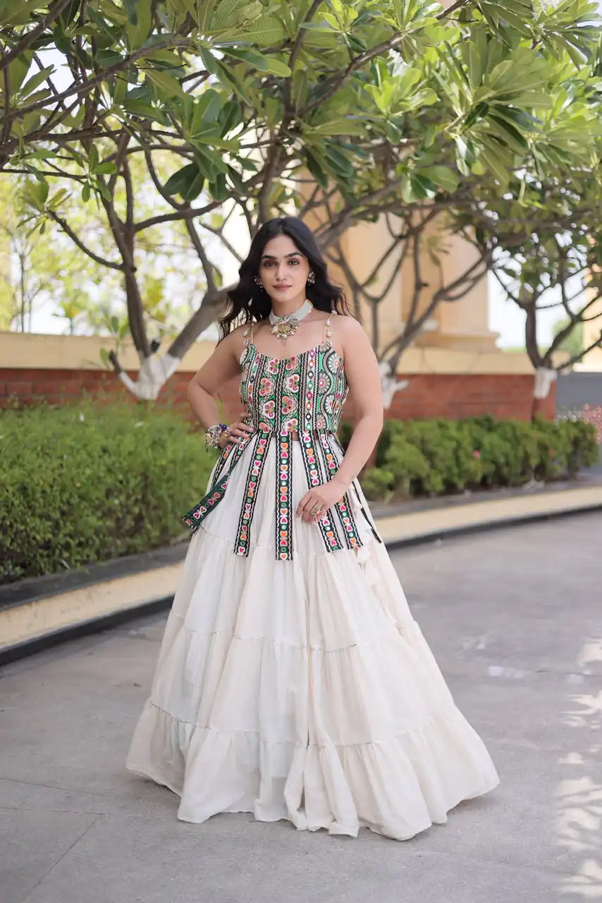Grand White Kora Cotton Kutchi Patch Work Lehenga Choli