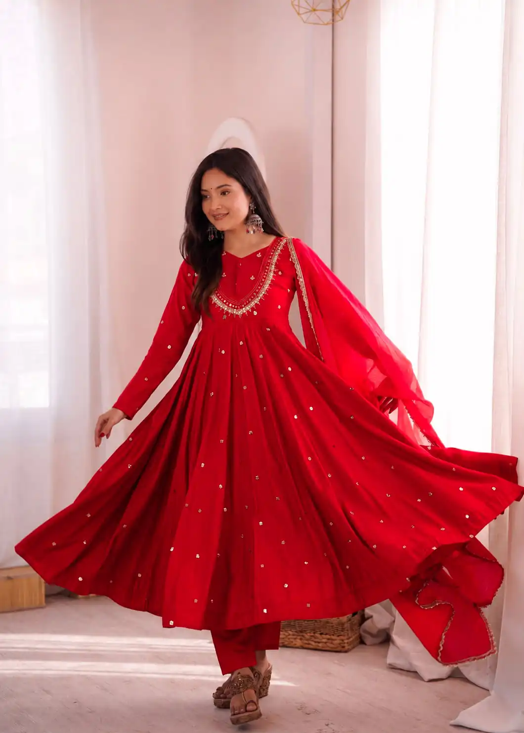 ZF 5023 Red Roman Silk Gown with Mirror Work & Embroidery Work. Special Price ₹2099. Delivery 4-6 Working Days. Shop now. | Gowns, Bollywood Gowns, Creative Gowns, Designer Gowns, Embroidered Gowns, Party Wear Gowns