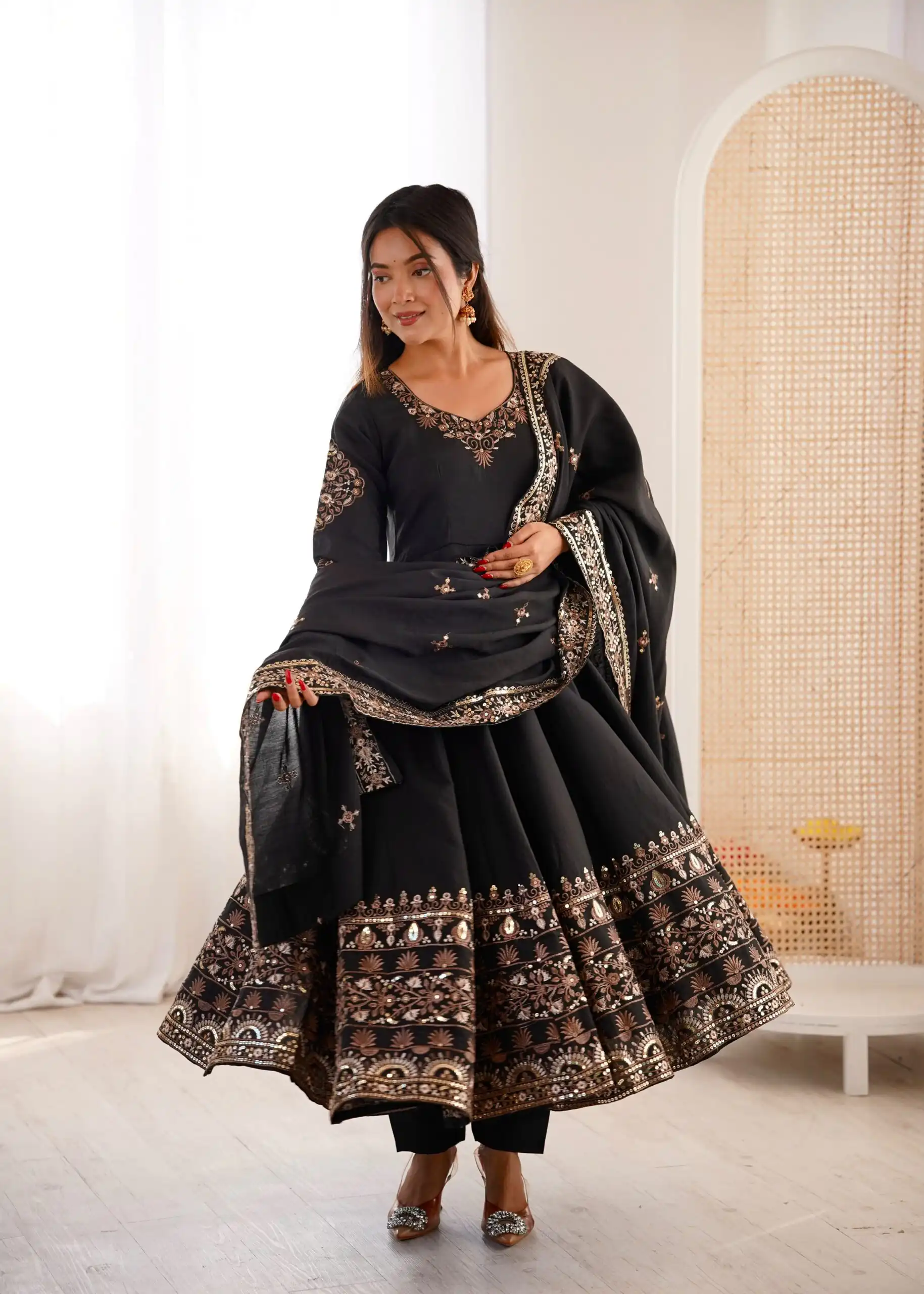 ZF 5016 Black Roman Silk Gown with Embroidery Work. Wedding, Party, Festive, Events, Navratri, Exclusive Offer ₹2499. Delivery 4-6 Working Days. Shop now. | Gowns, Bollywood Gowns, Creative Gowns, Designer Gowns, Embroidered Gowns, Party Wear Gowns