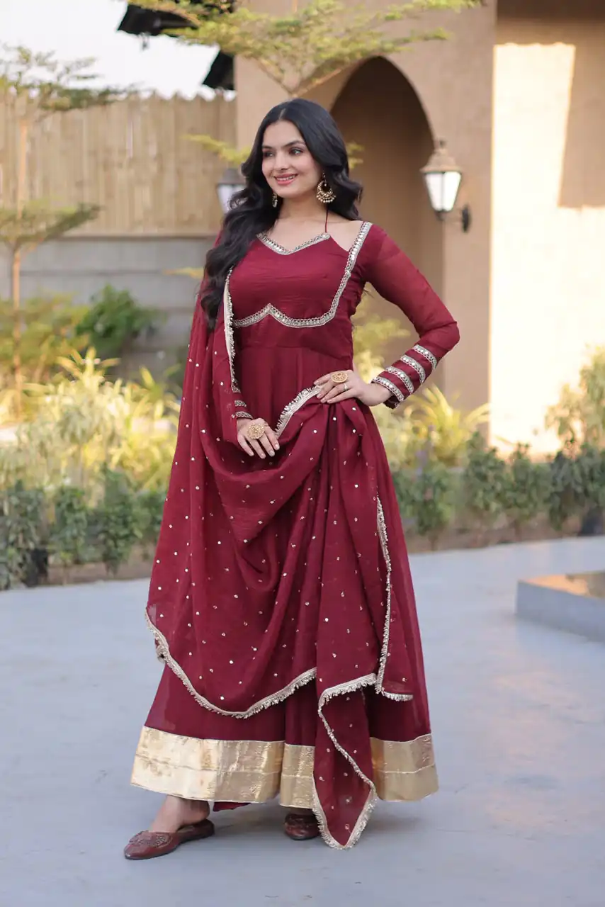 KA 1261 Maroon Silver Crunchy Gown Perfect for Wedding, Party, Durga Puja, Ganesh Chaturthi, Family Gatherings – n. Festive Deal ₹2249. Delivery 4-6 Worki | Gowns, Bollywood Gowns, Creative Gowns, Designer Gowns, Embroidered Gowns, Party Wear Gowns