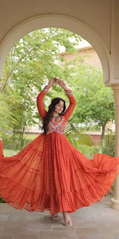 KA 1271 Orange in Colour Faux Georgette Bandhani Print Work Gown. Available at ₹2069 only. Delivery 4-6 Working Days. Shop now. | Gowns, Bollywood Gowns, Creative Gowns, Designer Gowns, Embroidered Gowns, Party Wear Gowns