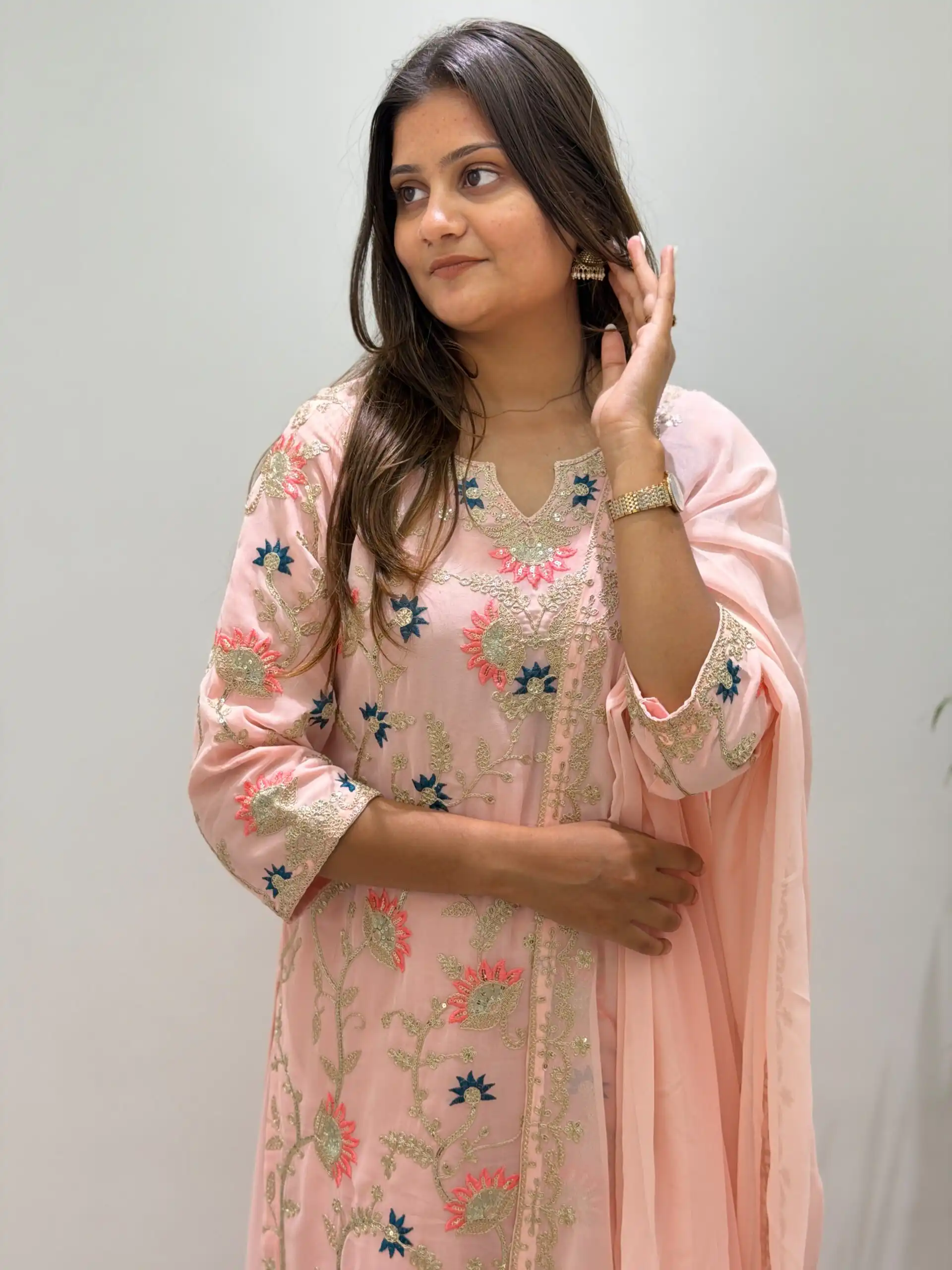 BE 486 Peach Faux Georgette Salwar Suit with Mirror Work & Embroidery Work. Get it for ₹2449. Delivery 4-6 Working Days. Shop now. | Jump Suits, Salwar suit, Casual Suits, Creative suits, Designer Suits, Palazzo Suits, Party Wear Suits, Patiala Suits, Straight Suits