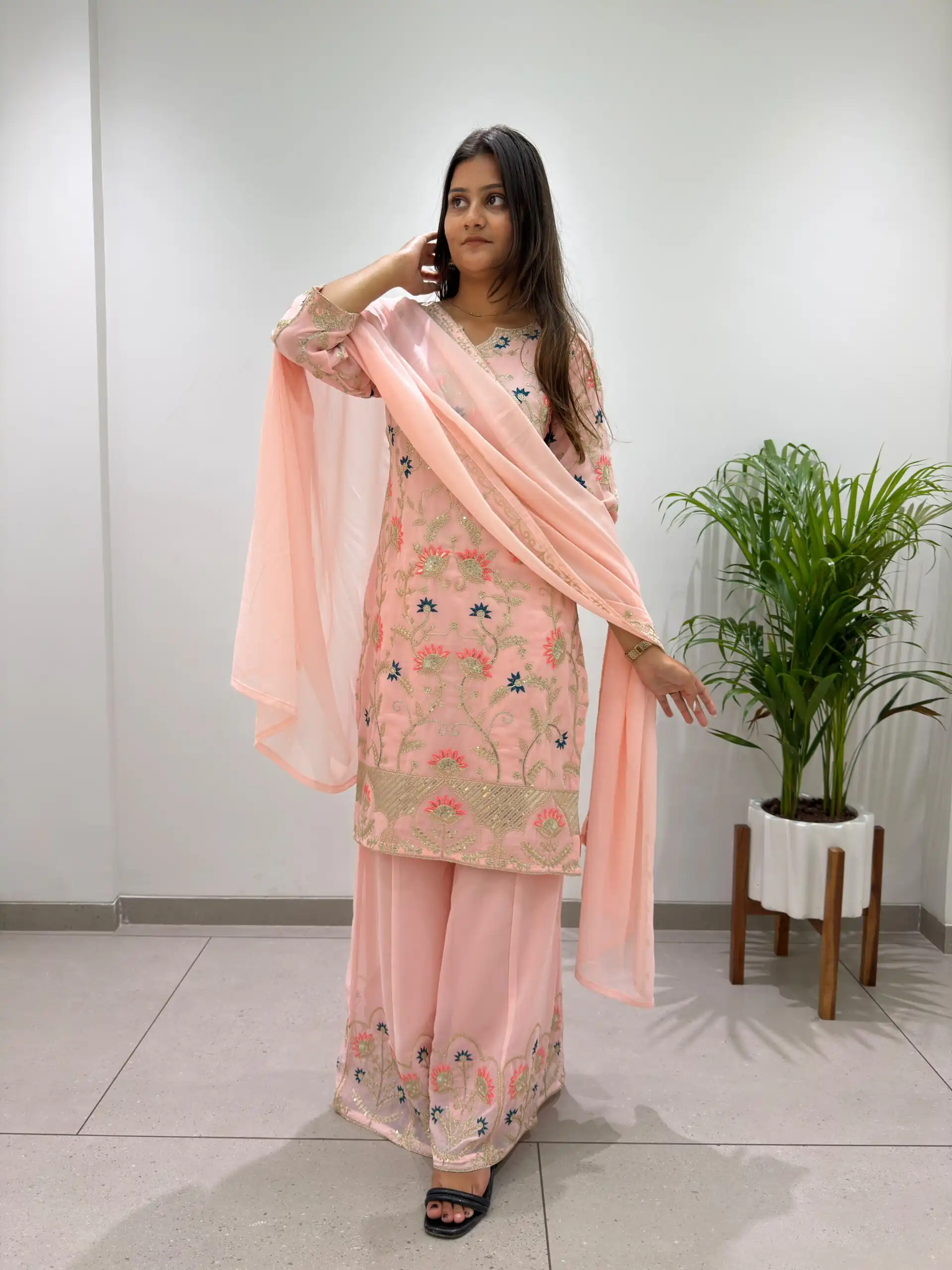 BE 486 Peach Faux Georgette Salwar Suit with Mirror Work & Embroidery Work. Get it for ₹2449. Delivery 4-6 Working Days. Shop now. | Jump Suits, Salwar suit, Casual Suits, Creative suits, Designer Suits, Palazzo Suits, Party Wear Suits, Patiala Suits, Straight Suits