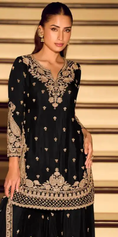 ZB 5067 Black Chinon Silk Salwar Suit Perfect for Wedding, Party, Ganesh Chaturthi, Baby Shower, Makar Sankranti – . Affordable Price ₹2399. /- | Jump Suits, Salwar suit, Casual Suits, Creative suits, Designer Suits, Palazzo Suits, Party Wear Suits, Patiala Suits, Straight Suits