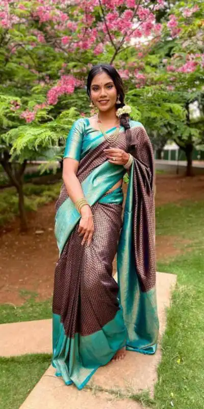 KP 4039 Brown Soft Lichi Silk Cloth Saree Perfect for Wedding, Party, Family Gatherings, Sangeet, Festive Deal ₹1599. Delivery 4-6 Working Days | Sarees, Bollywood Sarees, Creative Sarees, Designer Sarees, Embroidered Sarees, Ethnic Saree, Modern Digital sarees, Party Wear Sarees