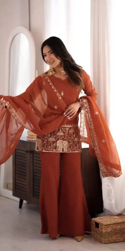KB 311 Rust Crunchy Silk Salwar Suit with Embroidery Work & Sequins Work. Exclusive Offer ₹2049. Delivery 4-6 Working Days. Shop now. | Jump Suits, Salwar suit, Casual Suits, Creative suits, Designer Suits, Palazzo Suits, Party Wear Suits, Patiala Suits, Straight Suits