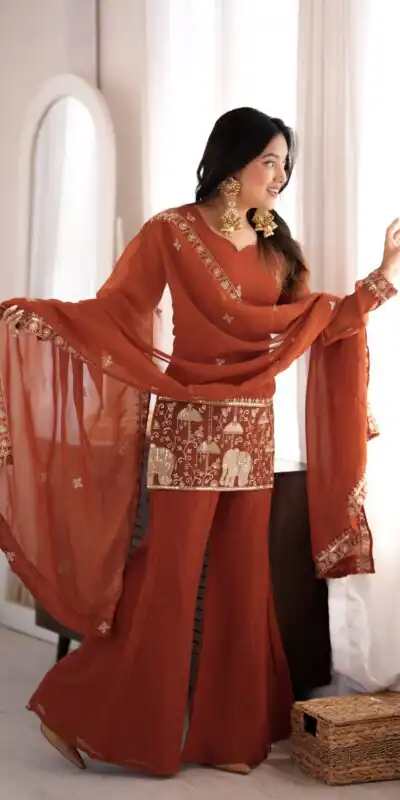 KB 311 Rust Crunchy Silk Salwar Suit with Embroidery Work & Sequins Work. Exclusive Offer ₹2049. Delivery 4-6 Working Days. Shop now. | Jump Suits, Salwar suit, Casual Suits, Creative suits, Designer Suits, Palazzo Suits, Party Wear Suits, Patiala Suits, Straight Suits