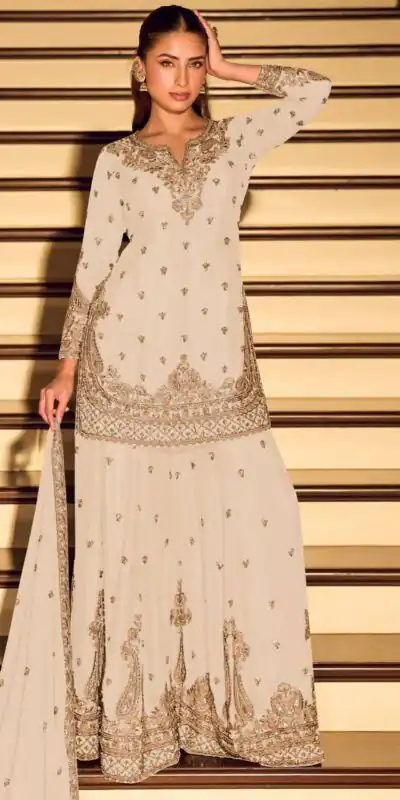 ZB 5067 White Chinon Silk Salwar Suit Perfect for Wedding, Party, Ganesh Chaturthi, Baby Shower, Makar Sankranti – . Affordable Price ₹2399. /- | Jump Suits, Salwar suit, Casual Suits, Creative suits, Designer Suits, Palazzo Suits, Party Wear Suits, Patiala Suits, Straight Suits